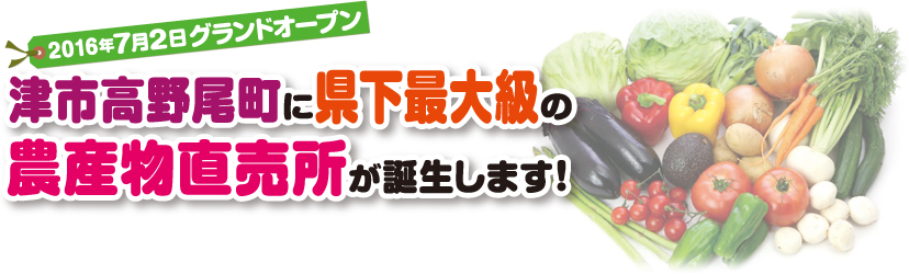 2016年7月2日グランドオープン　津市高野尾町に県下最大級の農産物直売所が誕生します！
